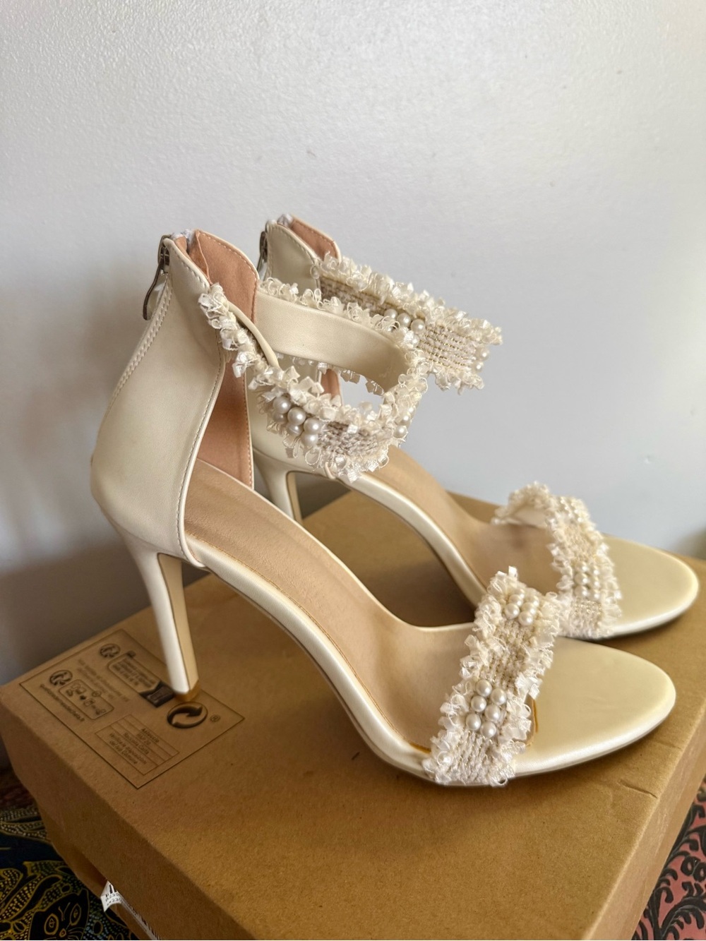 Pearl-Embellished Tweed Ivory Ankle-Strap Stiletto Sandals - Picture 2 of 5